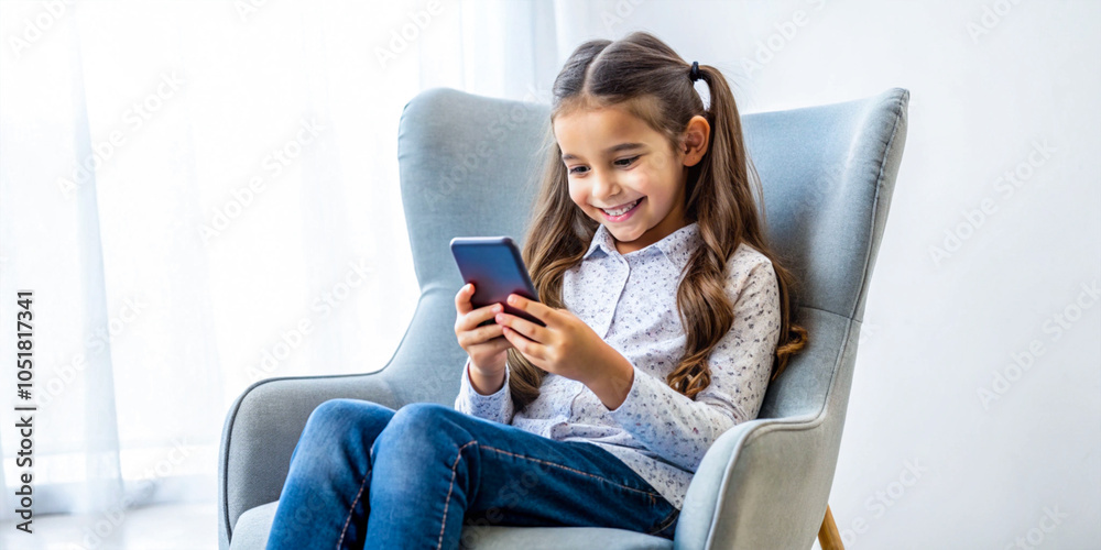 Obraz premium Girl sitting on a chair while using her phone, smiling and isolated on a transparent background, showcasing her joyful expression and relaxed posture.