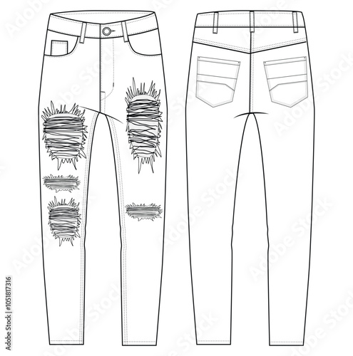 Men's Denim granding Jeans Pant vector fashion flat sketch Fashion pant jeans Illustration template.