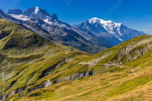 Chamonix rocky granite mountain peaks in french Alps around Mont Blanc summit in Chamonix valley. Scenic landscape of iconic alpine summits the legends of mountaineering and alpinism