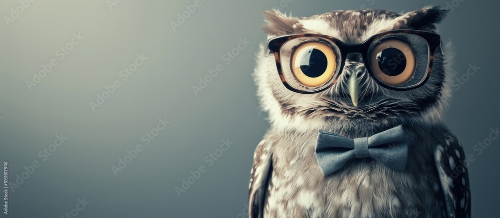 Fototapeta premium Owl wearing glasses and bow tie, whimsical portrait, cute expression