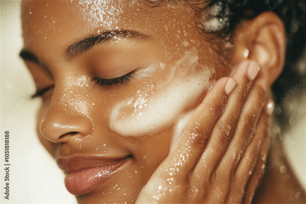 Close-up of a young African American woman gently applying soap to her face, enjoying a moment of self-care and skincare Close-up of a young African American woman gently applying soap to her face, enjoying a moment of self-care and skincare