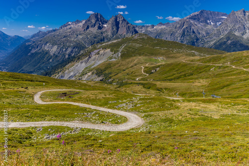 Chamonix rocky granite mountain peaks in french Alps around Mont Blanc summit in Chamonix valley. Scenic landscape of iconic alpine summits the legends of mountaineering and alpinism