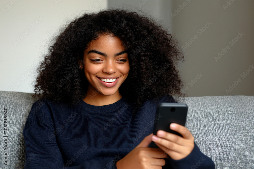 Young African woman in in navy blue sweater browsing her mobile phone, sitting on a couch in her bright and airy apartment. Young African woman in in navy blue sweater browsing her mobile phone, sitting on a couch in her bright and airy apartment.