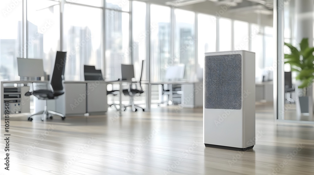 An office with energy-efficient HVAC systems and air purifiers An office with energy-efficient HVAC systems and air purifiers