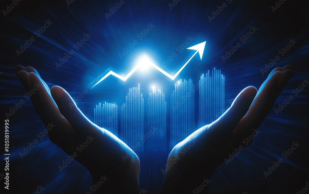 Highresolution rendering of hands lifting an upward graph with a bold arrow on a dynamic blue background, symbolizing financial growth and business development Highresolution rendering of hands lifting an upward graph with a bold arrow on a dynamic blue background, symbolizing financial growth and business development