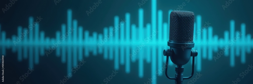 A modern microphone with soundwave visualization, perfect for representing podcasts, audio recordings, and digital media content creation. A modern microphone with soundwave visualization, perfect for representing podcasts, audio recordings, and digital media content creation.