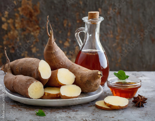 Yacon-Wurzel und Sirup auf rustikalem Holztisch – Natürliches Superfood und Zuckerersatz