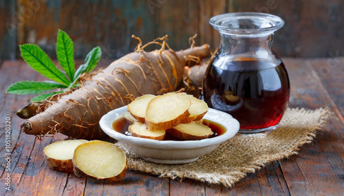 Yacon-Wurzel und Sirup auf rustikalem Holztisch – Natürliches Superfood und Zuckerersatz