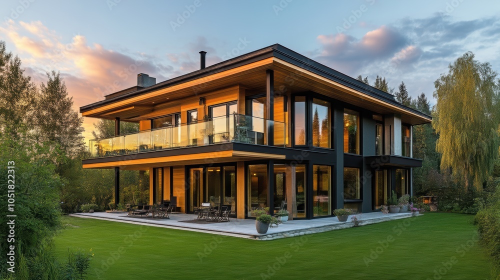 Modern two-story minimalist house with wooden accents amidst lush greenery Modern two-story minimalist house with wooden accents amidst lush greenery