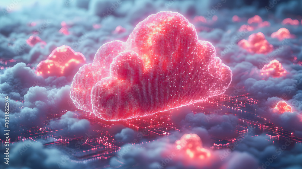 Fototapeta premium Cloud symbol hovering over a circuit board, representing internet data storage and cloud computing technology in a digital environment