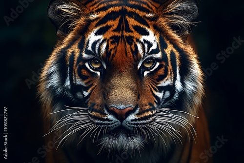 Close-up of a majestic tiger with intense gaze.