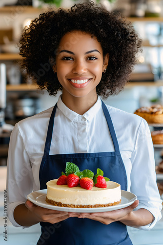 African baker in a modern pastry shop, holding a plate with a beautifully decorated strawberry cheesecake.