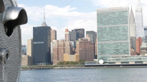 New York City waterfront skyline, Manhattan Midtown buildings, riverfront skyscrapers by East river water. Waterside cityscape, tower viewer, Gantry Plaza. Long Island, Queens. United States tourism.