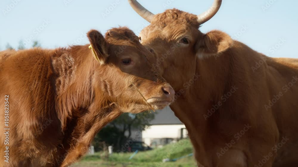 The mother cow gently and carefully licks the muzzle of her calf with her tongue. Wool cleaning and maternal care of offspring in cattle herds. A purebred French limousine meat cow with a calf. The mother cow gently and carefully licks the muzzle of her calf with her tongue. Wool cleaning and maternal care of offspring in cattle herds. A purebred French limousine meat cow with a calf.