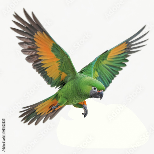 A close-up of a beautiful, colorful macaw parrot, isolated against a white background, highlighting its vibrant feathers and striking features.