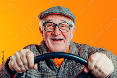 Senior man with a steering wheel in his hands isolated on orange