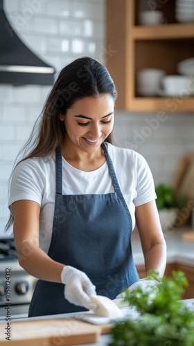 Latina housekeeper organizing a kitchen, arranging items on the countertop and dusting surfaces. Professional housekeeping, cleanliness, and attention to detail in domestic spaces. Home maintenance. photo