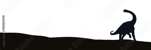 Black and white illustrations on a white background Brachiosaurus dinosaur standing on a hill.