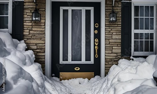 Pile of snow at the door of a house. photo