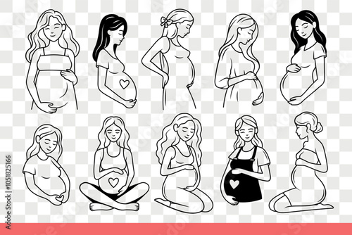 Pregnancy women expecting child and smilingly dreaming of big family and healthy children. Expectant mothers during pregnancy holding belly, showing love and care for unborn baby. Hand drawn.