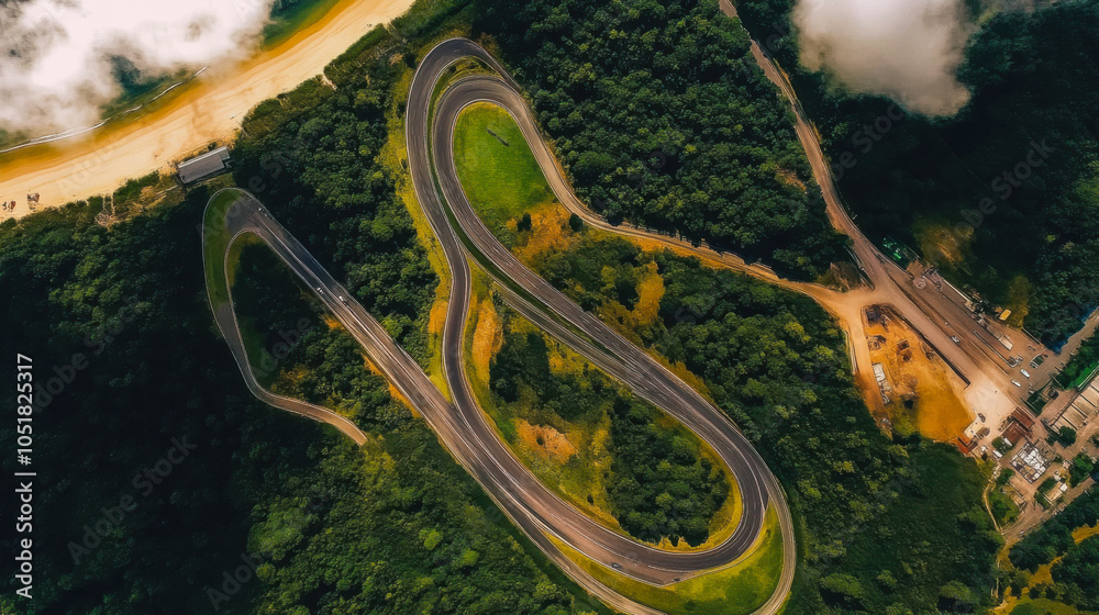 Aerial view of road interchange or highway intersection with busy urban traffic