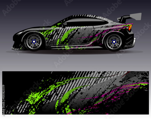 Car wrap design vector. Graphic abstract stripe racing background designs for vehicle, rally, race, adventure and car racing livery photo