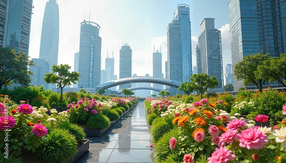 Fototapeta premium Contemporary Urban Garden Bridge with Colorful Flora