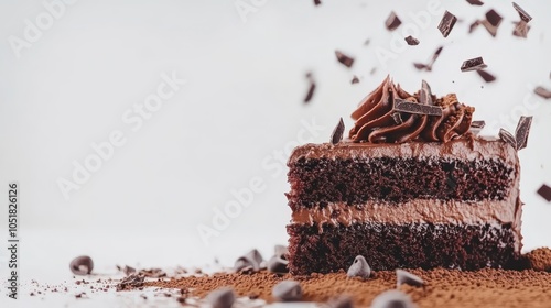 Delicious Chocolate Cake with Falling Chocolate Pieces photo