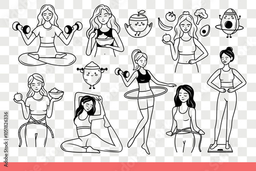 Lead healthy lifestyle and use organic diet or exercise to improve their well-being. Slender girls lift dumbbells and twirl hula hoop or eat vegetables to support healthy lifestyle. Hand drawn.