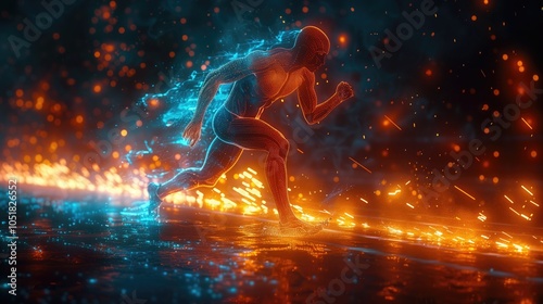 big text numbers "2025" an action marathon running shot. professional track and field athlete running wearing Lace running sports wear, Tron vibes. Futuristic background. 