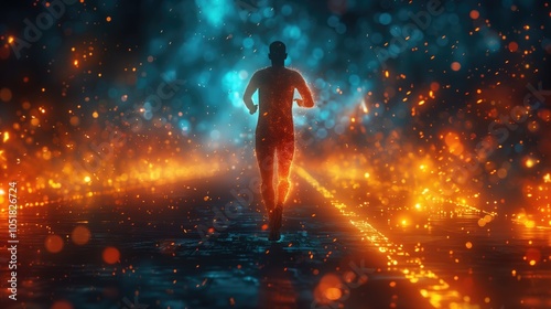 big text 2025 an action marathon running shot. professional track and field athlete running. Tron vibes. Futuristic background