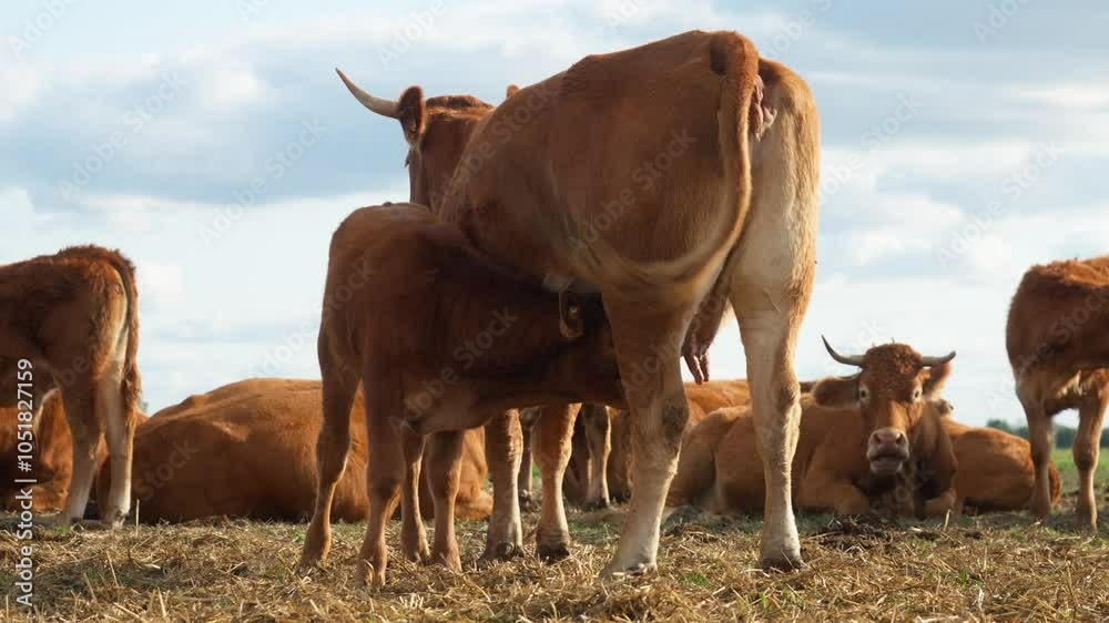 Young calf sucks milk from the udder of a mother cow, licking her ...