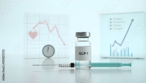 Vial labeled glp-1 with syringe, graphs showing health and growth trends. photo