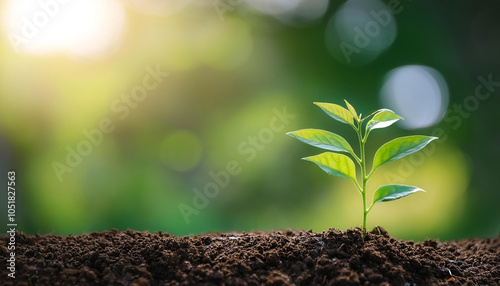 Young plant springing up out of the soil with blur green bokeh background