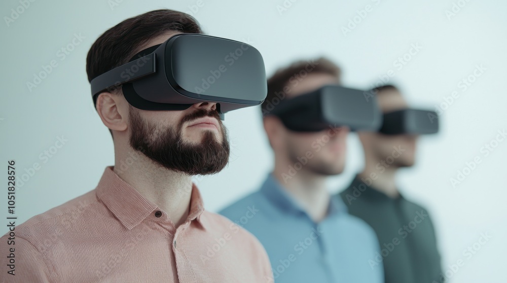 Three men wear advanced virtual reality headsets, immersed in a digital experience, showcasing the technology's growing popularity. Three men wear advanced virtual reality headsets, immersed in a digital experience, showcasing the technology's growing popularity.