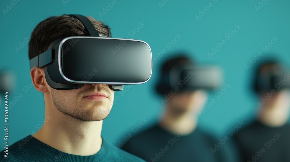 A group of individuals engaging with virtual reality headsets, immersed in a digital experience against a teal backdrop. A group of individuals engaging with virtual reality headsets, immersed in a digital experience against a teal backdrop.
