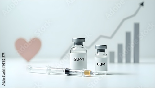 Vials labeled glp-1 with syringes, heart icon, and growth chart symbolize hormone therapy benefits. photo