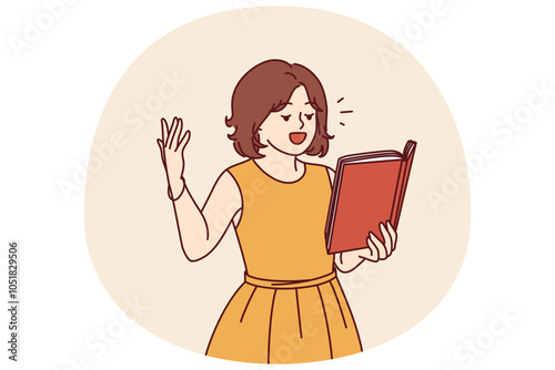 Inspired girl reads poetry and expressively waves hand for concept of literary talent in child. Schoolgirl with book dreams of becoming poet by reading poetry and novels by famous authors