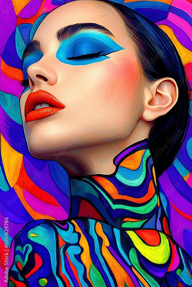 Professional Fashion Illustration, A strikingly minimalist female model, her face adorned with bold geometric makeup in vibrant blues and oranges. Her sleek, modern outfit is a fusion of Art Deco line Professional Fashion Illustration, A strikingly minimalist female model, her face adorned with bold geometric makeup in vibrant blues and oranges. Her sleek, modern outfit is a fusion of Art Deco line