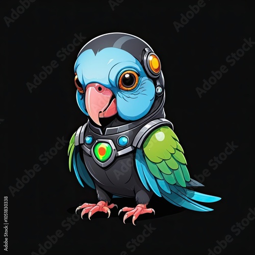 A blue and green parrot wearing a black suit with a futuristic helmet and a chest piece stands against a black background photo