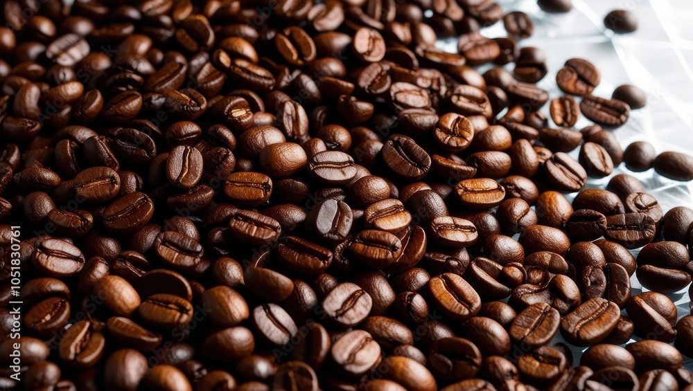 Naklejka premium A close-up of rich, roasted coffee beans, showcasing their glossy texture and deep brown color, perfect for coffee-related projects or gourmet food themes