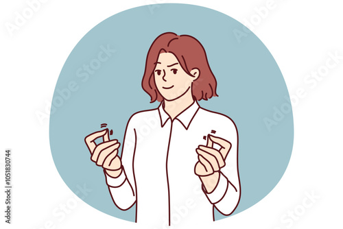 Sneaky woman showing money gesture wanting cash for lobbying or getting insider information. Sneaky girl with selfish expression greets to receive bribe for anti-corruption concept