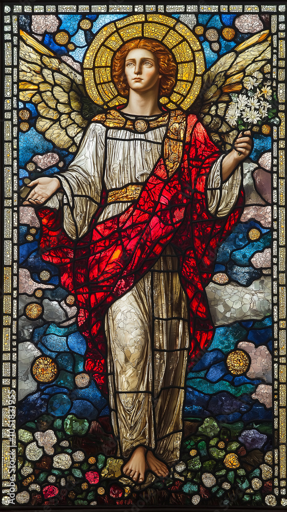 Obraz premium Stained Glass Angel with Flowers