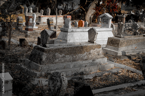 Human grave yard with some tombstones, fear, spooky, horror.  Creepy, monochrome color ,  Focus on the stones. Noise. Exposure. Similar others