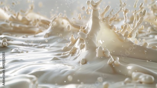 A dynamic splash of liquid, creating droplets and waves in a creamy texture, highlighting motion and fluidity.