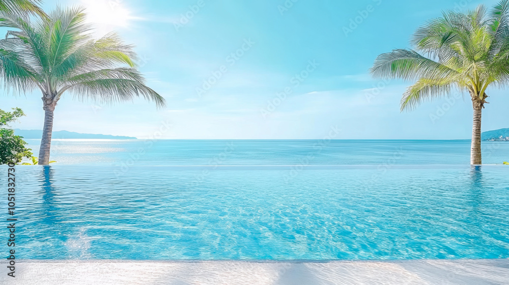 Fototapeta premium Swimming pool with clear blue water with stunning sea view and sky