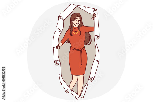 Woman in evening dress peeks out of hole in torn paper offering to attend party together. Young long-haired girl in elegant dress for carnival or corporate party smiles and looks at screen
