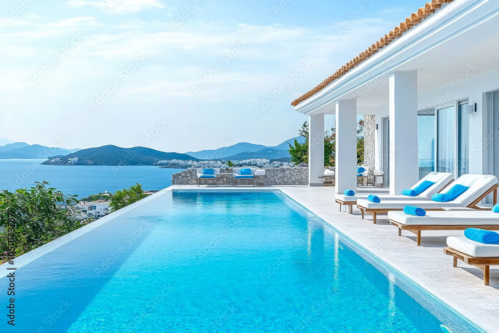 Fototapeta premium Terrace in villa with swimming pool clear blue water with stunning sea view and sky