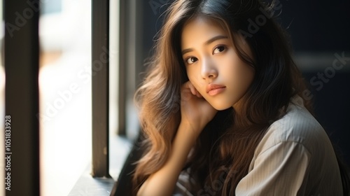 Close-up of an Asian woman's face in natural lighting. Fashion photography, modeling photo. Free Download Close-up of an Asian woman's face in natural lighting. Fashion photography, modeling photo. - GFXLoad