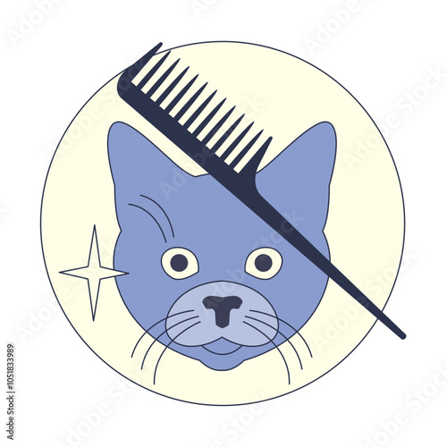 Illustration of a cat face with a comb, symbolizing grooming and care.